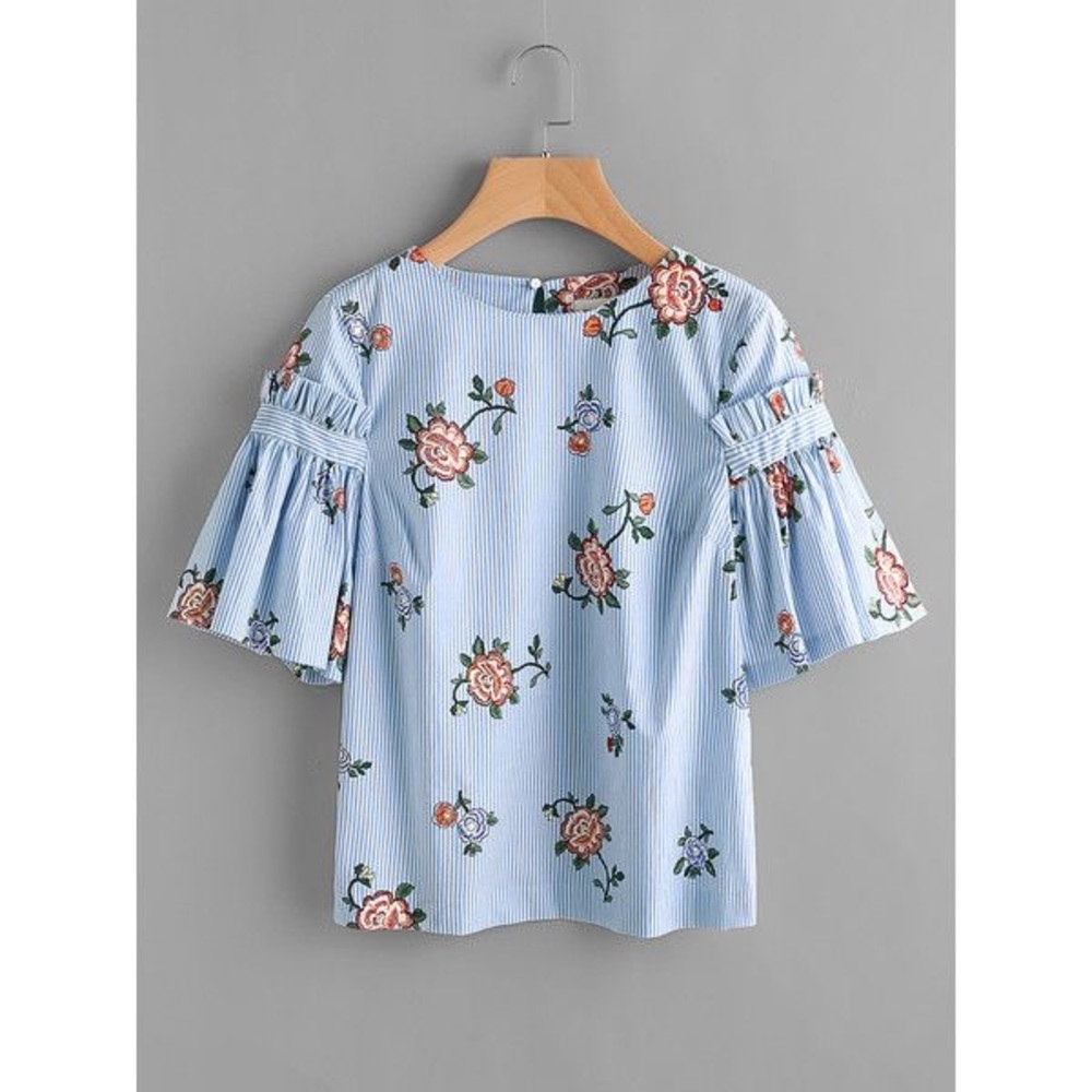 H&M White+Blue Stripe 3/4 Sleeve Floral Blouse